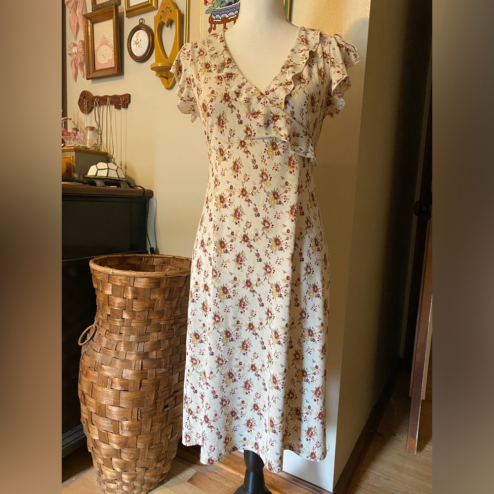 Vintage Cream and Red Floral Midi Dress